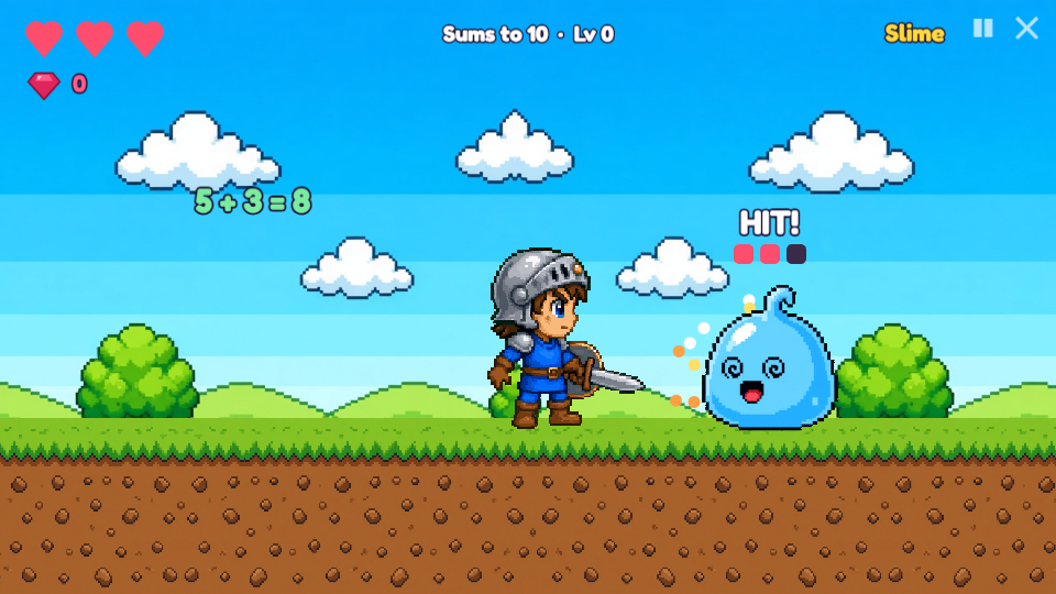 The hero knight hits a blue slime after solving 5 + 3 = 8